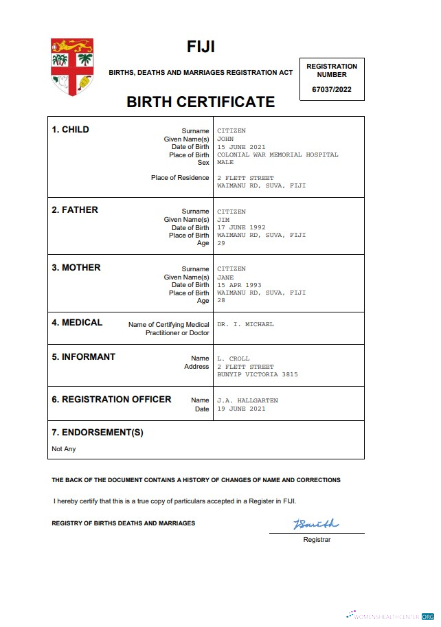 Download Fiji birth certificate Word and PDF template Photoshop template